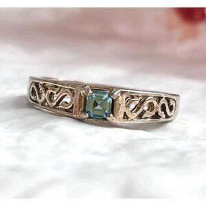 Aquamarine Accented Square Cutout Sterling Silver 925 Vintage Ring - sz 7.25